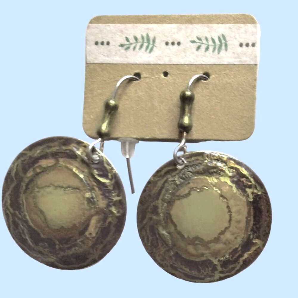Copper Enamel Earrings Hook Drop Dangle Purple Gold Metalwork Modern Artisan USA